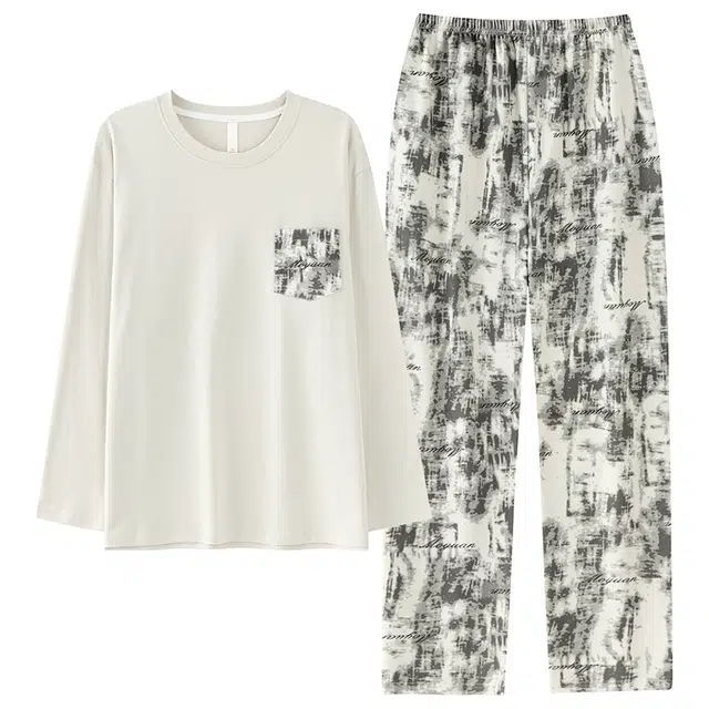 俏佳人 纯棉套头圆领休闲宽松可外穿家居服涂鸦柔软亲肤舒适透气长袖长裤睡衣套装 男款