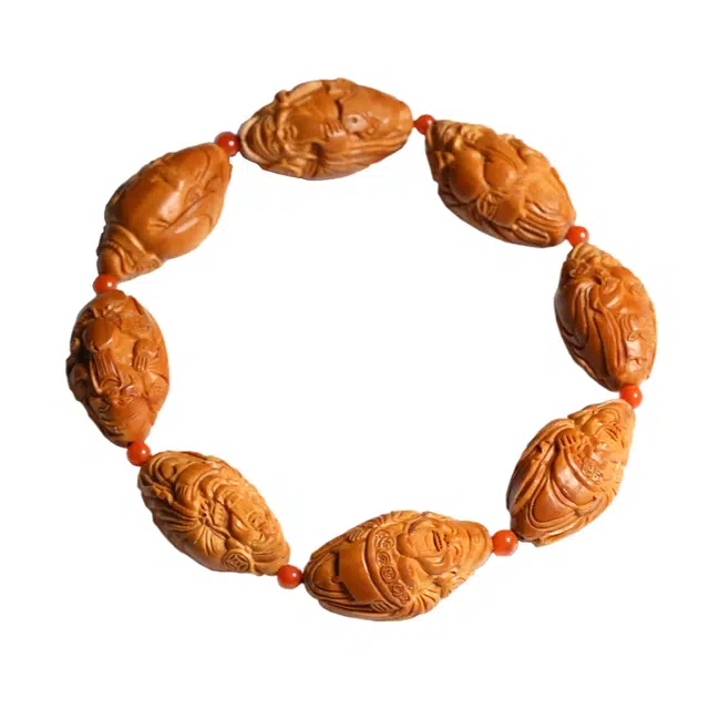 宣华意 陈年精雕八大财神手工大籽招财文玩配饰 国潮民族风复古时尚高端盘玩藏式佛珠 单圈#好运 橄榄核 手串 男款