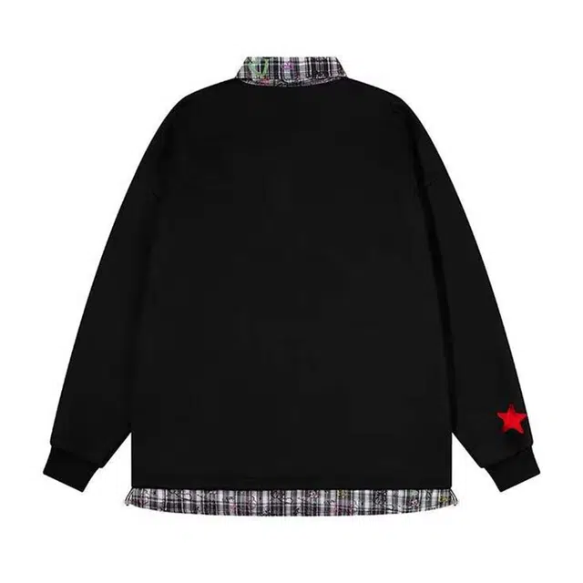 艾梵斯贝 美式复古潮流假两件格子刺绣拼接层次感日常通勤百搭甜酷风宽松休闲时尚潮牌翻领长袖可爱学院风情侣款卫衣 男女同款