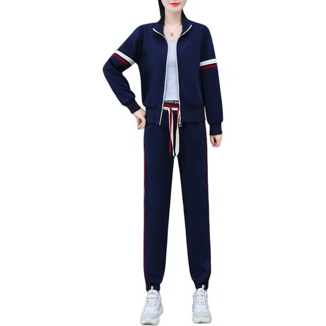 缪斯的诱惑 美式复古风拼接撞色开衫外套长袖上衣百搭束脚裤两件套小众设计高品质洋气减龄显瘦简约舒适柔软时尚潮流卫衣运动休闲套装 女款