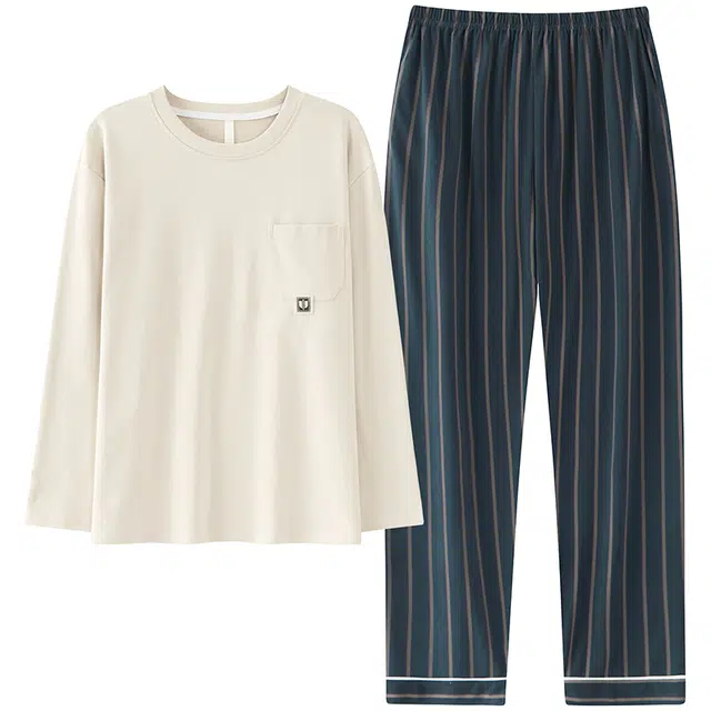 俏佳人 纯棉套头圆领休闲宽松可外穿家居服条纹柔软亲肤舒适透气长袖长裤睡衣套装 男款