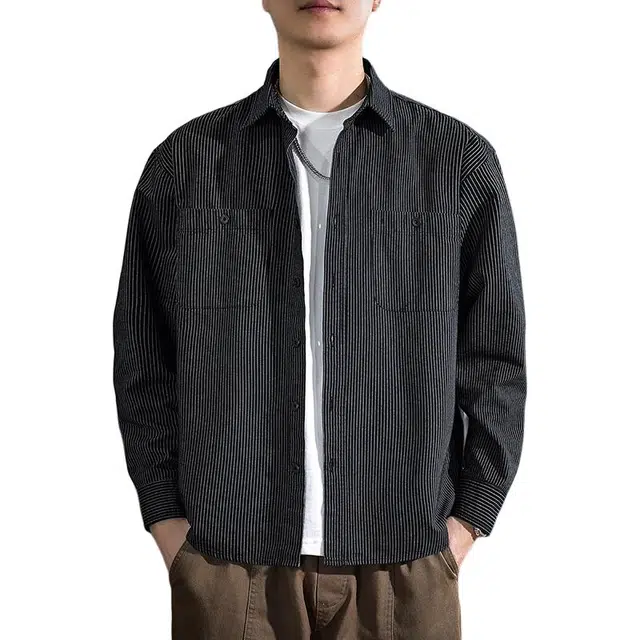遨宇 高端美式复古通勤商务条纹长袖衬衫 男女同款