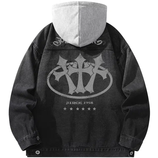 帕丁顿熊 美式高街复古十字架宽松防风休闲水洗做旧牛仔外套 男女同款