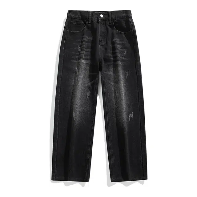 海尔斯 户外百搭做旧中腰宽松直筒拉链牛仔裤 男款