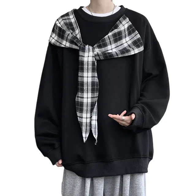 冈哉 格子蝴蝶结绑带长袖设计美式复古学院风宽松高级感套头慵懒风时尚潮流卫衣 男女同款