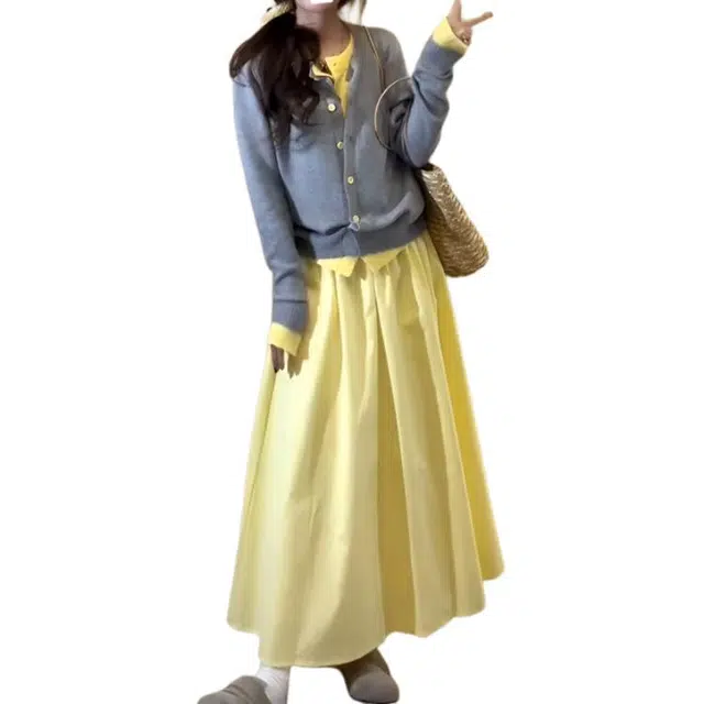 缪斯的诱惑 假两件针织连衣裙子女小个子香风开春高级感长裙裙装套装 女款