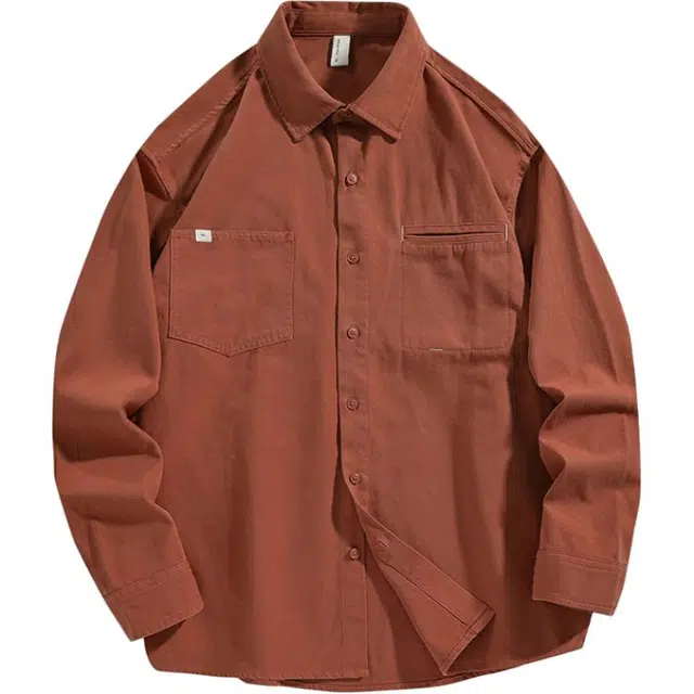 前进牛 阿美咔叽休闲经典潮牌极简风重磅水洗纯棉长袖衬衣男潮流秋季美式运动学院百搭宽松珠帆布炭素磨毛外套衬衫 男款