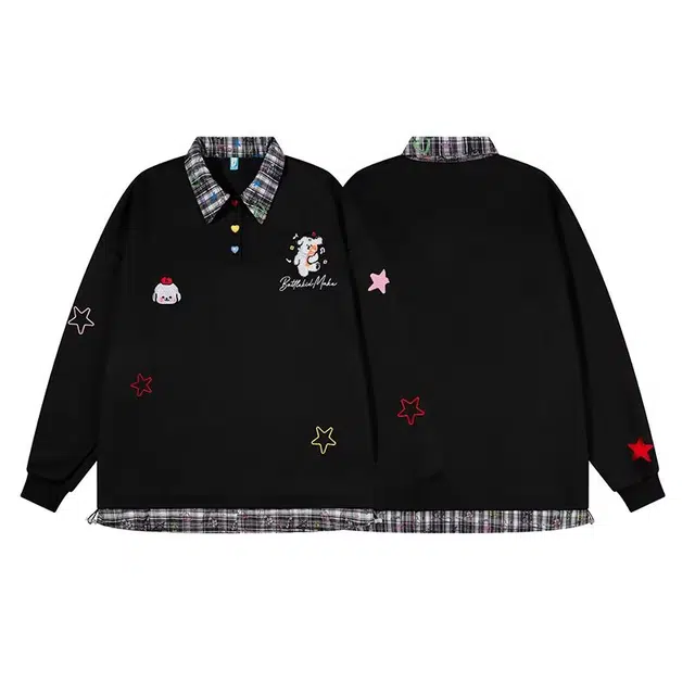 艾梵斯贝 美式复古潮流假两件格子刺绣拼接层次感日常通勤百搭甜酷风宽松休闲时尚潮牌翻领长袖可爱学院风情侣款卫衣 男女同款