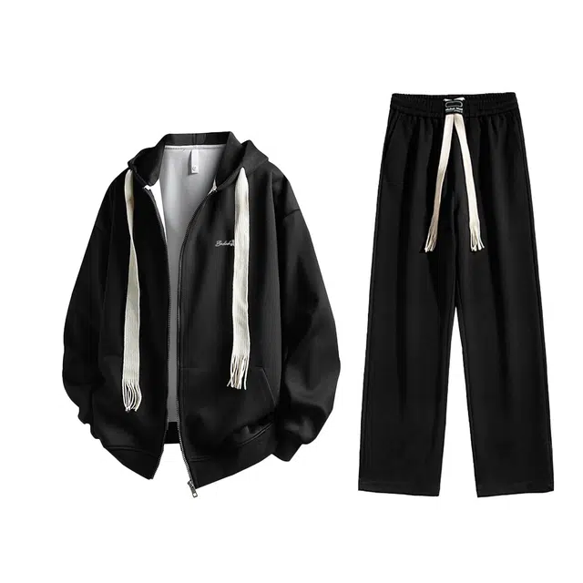 【懒人免搭配】布客行 重磅连帽纯色简约基础款春秋冬季一套开衫针织衫卫衣美式复古高街直筒中腰显高显瘦宽松百搭休闲运动套装 男女同款