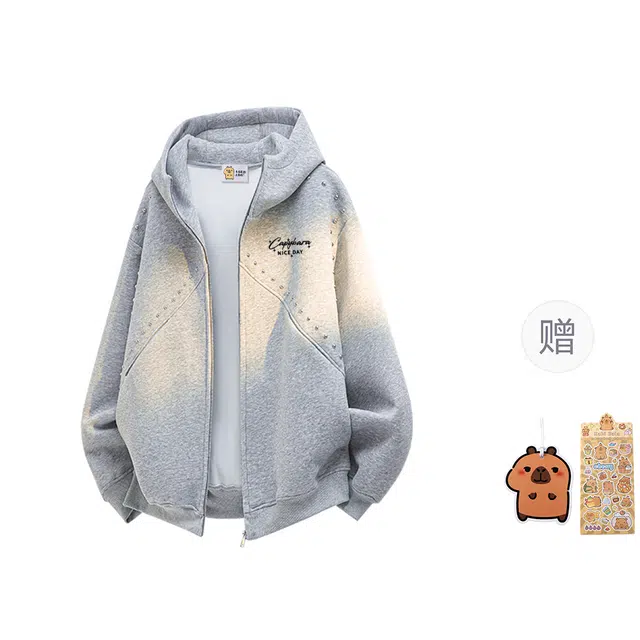 卡皮巴拉小黄豚 美式潮流高街铆钉分割解构设计仿刺绣字母印花嘻哈街头痞帅情侣时尚宽松休闲百搭慵懒显瘦垂感柔软舒适通勤开衫连帽卫衣 男女同款