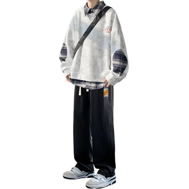 北欧攻略 美式复古衬衫拼接假两件扎染卫衣秋冬季加绒温暖舒适青少年卫裤痞帅免搭一套衣服学院风休闲运动套装  男女同款