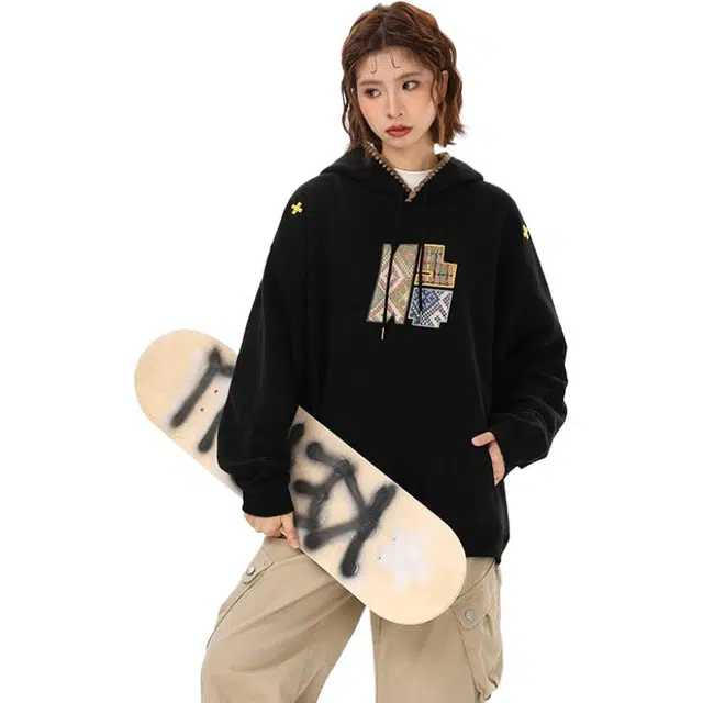 思蓓儿 美式字母刺绣带帽连帽女秋季秋冬宽松潮牌运动重磅帽衫卫衣 男女同款