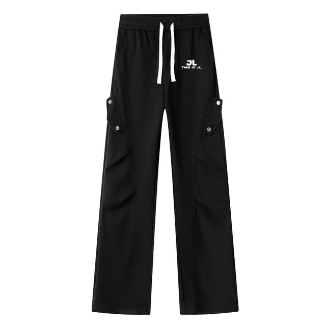 几立 高街户外跑步篮球卫裤纯色日常基础款手工褶皱铆钉设计可调节裤脚系带中腰宽松直筒百搭纯色针织休闲裤 男女同款