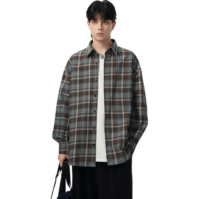 冈哉 美式复古翻领衬衣春秋款格纹长袖单排扣基础款百搭宽松叠慵懒感穿潮搭垂感痞帅舒适打底内搭上衣衬衫 男女同款