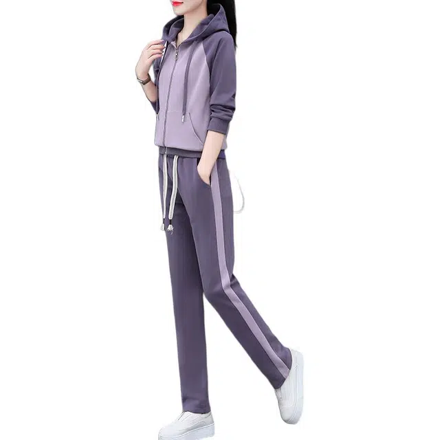 缪斯的诱惑 美式复古风拼色轻便开衫外套百搭上衣直筒裤两件套小众设计高品质洋气舒适减龄显瘦柔软时尚潮流连帽长袖卫衣运动休闲套装  女款