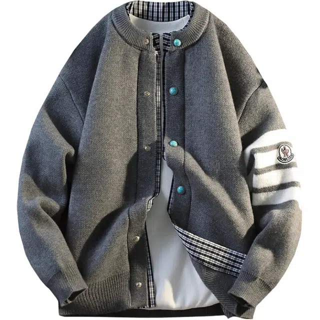 百胜狐 春秋条纹小标款加厚潮流夹克青少年宽松假两件针织衫 男款