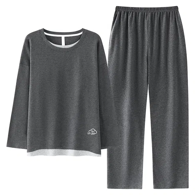 俏佳人 纯棉套头圆领休闲宽松可外穿家居服拼色亲肤柔软舒适透气长袖长裤睡衣套装 男款