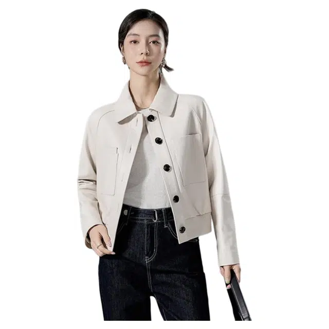 佐塞斯 高端品质轻奢翻领进口绵羊皮外套短款机车服皮夹克皮衣 女款