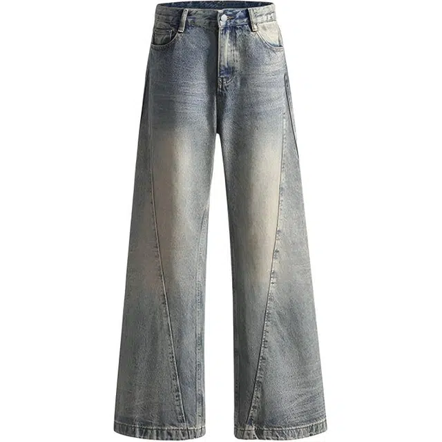 极限涡轮 美式复古高街小众痞帅水洗做旧阔腿裤高级感无性别主义穿搭亲肤柔软时尚拼接宽松休闲百搭设计感微喇叭垂感长裤子牛仔裤 男女同款