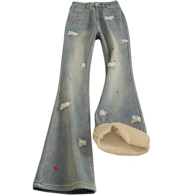 她池 撞色减龄加绒水洗长款微喇牛仔裤 女款 复古