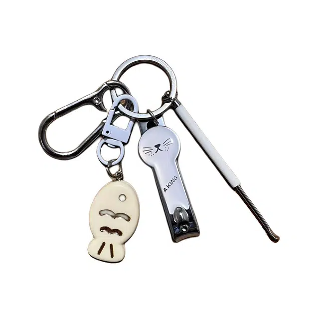 巨晶 小猫鱼可爱钥匙扣指甲 指甲刀 挖耳勺套装挂件精致韩系情侣款包挂饰