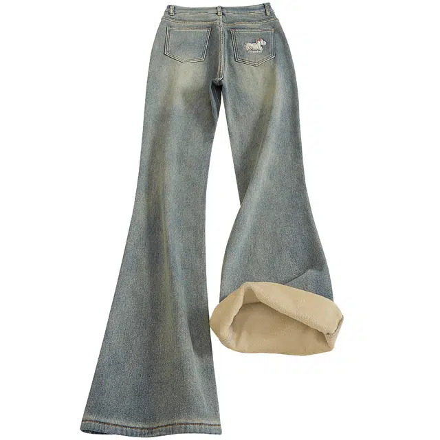 她池 撞色减龄加绒水洗长款微喇牛仔裤 女款 复古