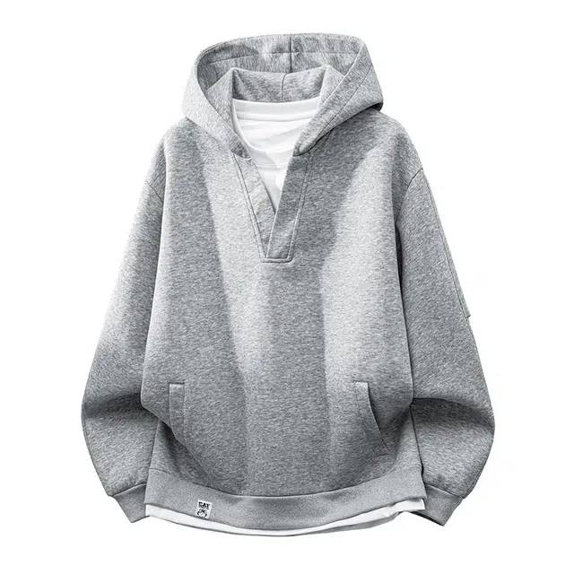 吾皇猫 假两件重工廓形结构设计重磅美式复古高街简约春秋基础款学院风宽松休闲外套百搭舒适透气高级感早秋季长袖连帽套头卫衣 男女同款