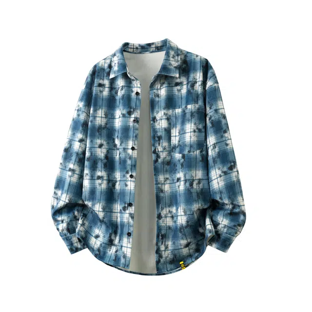 普鲁士多特蒙德 时尚休闲舒适格子外套美式复古青少年渐变仿扎染长袖衣服衬衫 男女同款