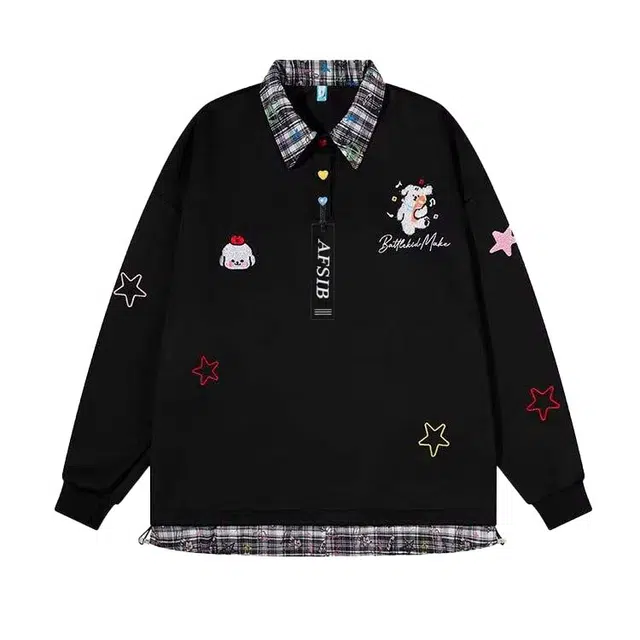 艾梵斯贝 美式复古潮流假两件格子刺绣拼接层次感日常通勤百搭甜酷风宽松休闲时尚潮牌翻领长袖可爱学院风情侣款卫衣 男女同款