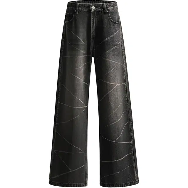 极限涡轮 美式复古高街小众痞帅阔腿裤无性别主义穿搭亲肤柔软时尚宽松休闲百搭设计感潮流高级抓痕显瘦直筒垂感拖地裤牛仔裤 男女同款