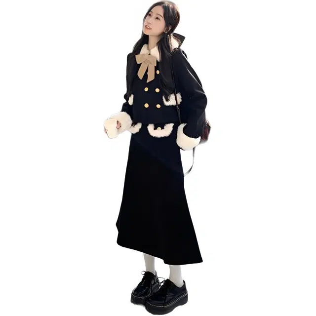 小卷要加油 宽松翻领适中长袖裙装套装 女款