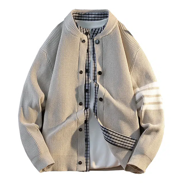 百胜狐 外套春秋季立领假两件休闲青少年潮上衣开衫针织衫 男款