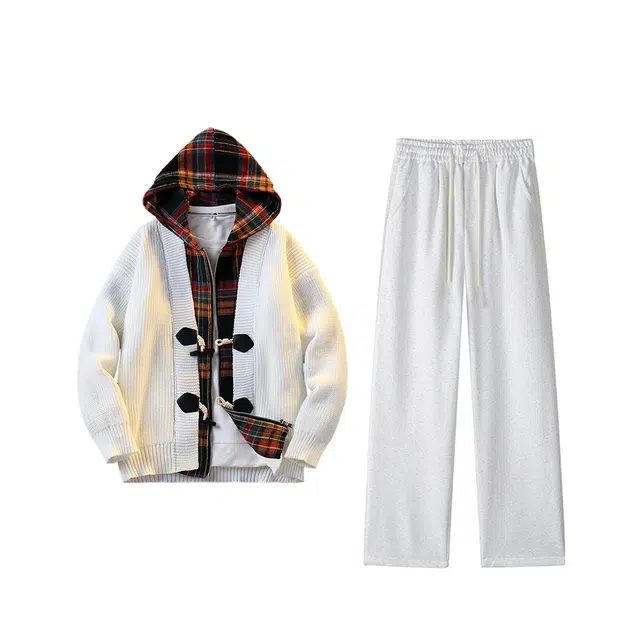 素杭 潮流宽松拼接撞色连帽针织开衫毛衣外搭外套搭配松紧腰直筒阔腿卫裤两件套潮牌一整套休闲运动 套装 男女同款