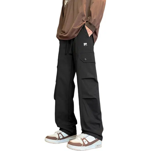 瑞梵帝斯 秋季美式高街复古基础款纯色多口袋宽松休闲垂感直筒山系户外机能风降落伞兵裤简约运动百搭系带工装裤 男款