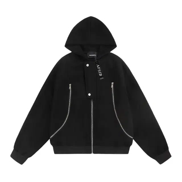 艾梵斯贝 美式复古潮流拼接解构简约设计款慵懒风高级感潮酷宽松休闲时尚日常通勤百搭中性高街风学院情侣款连帽开衫卫衣 男女同款