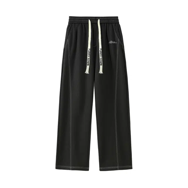 黑恐龙 美式高街潮流字母印花立体纯色中腰系带简约直筒垂感拖地时尚百搭舒适宽松户外运动日常通勤长裤休闲裤 男女同款