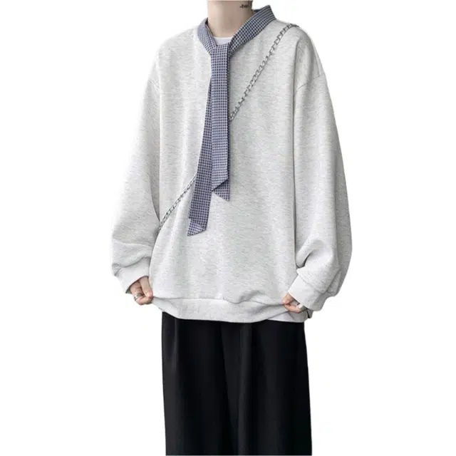 加荣 美式格子拼接领带卫衣男痞帅设计感内搭打底衫男春秋潮牌宽松小众长袖衬衫男款青少年酷帅气外套男生纯色休闲高级感上衣 男女同款