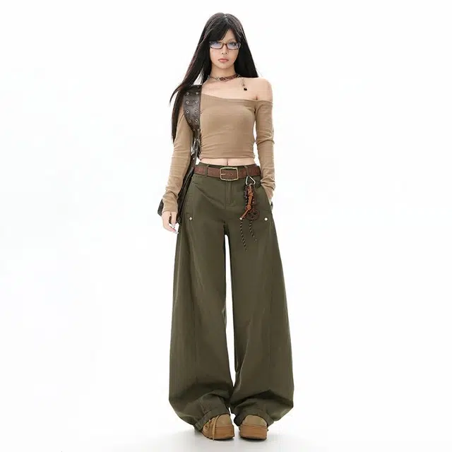 么宁 美式复古高腰显瘦速干休闲阔腿裤工装裤 女款