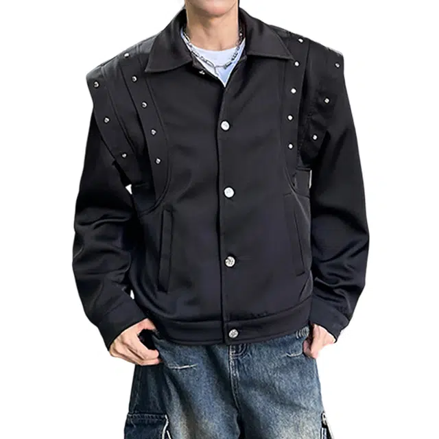 冈哉 个性金属铆钉拼接设计美式复古潮流时尚百搭休闲宽松舒适防水高级感痞帅短款夹克外套 男女同款