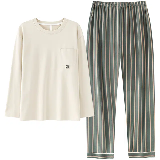 俏佳人 纯棉套头圆领休闲宽松可外穿纯色家居服条纹柔软亲肤舒适透气长袖长裤睡衣套装 男款