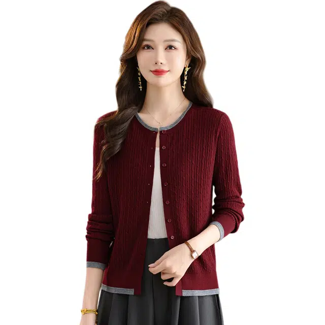 袋鼠 优雅时尚简约百搭舒适柔美开衫外套秋冬绵羊毛针织衫 女款