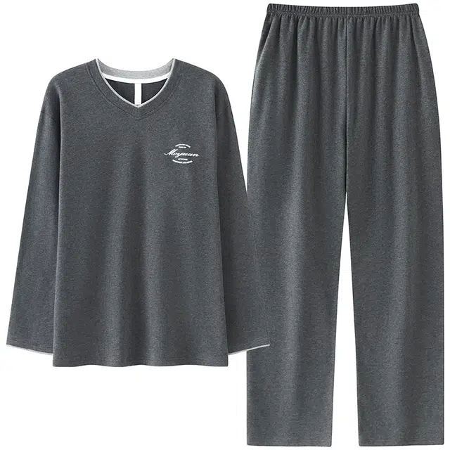 俏佳人 纯棉套头圆领休闲宽松可外穿纯色家居服字母柔软亲肤舒适透气长袖长裤睡衣套装 男款