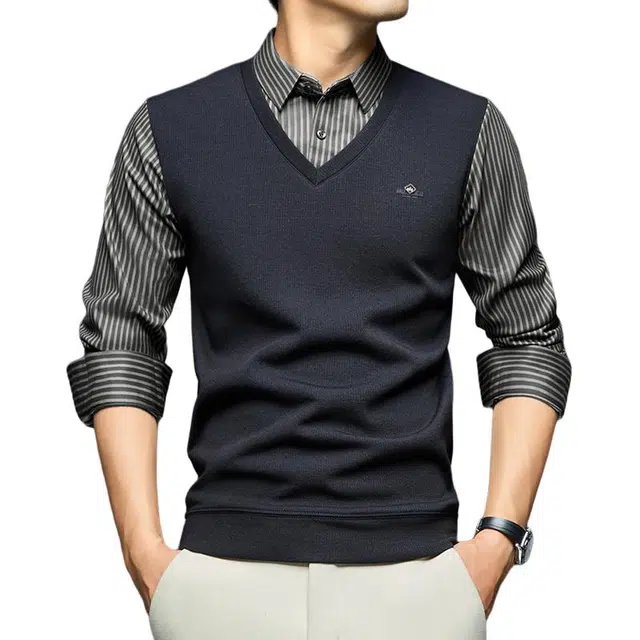 卡丹狄诺 含绵羊毛男士秋冬季衬衫领假两件亲肤舒适无缝门襟秋季轻商务休闲优雅打底衫男针织衫 男款