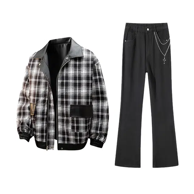 【双面穿免搭配一套】布客行 两穿皮衣夹克反穿格子开衫春秋冬季美式重工水洗微喇显高显瘦牛仔裤小众痞帅链条装饰休闲运动套装 男女同款