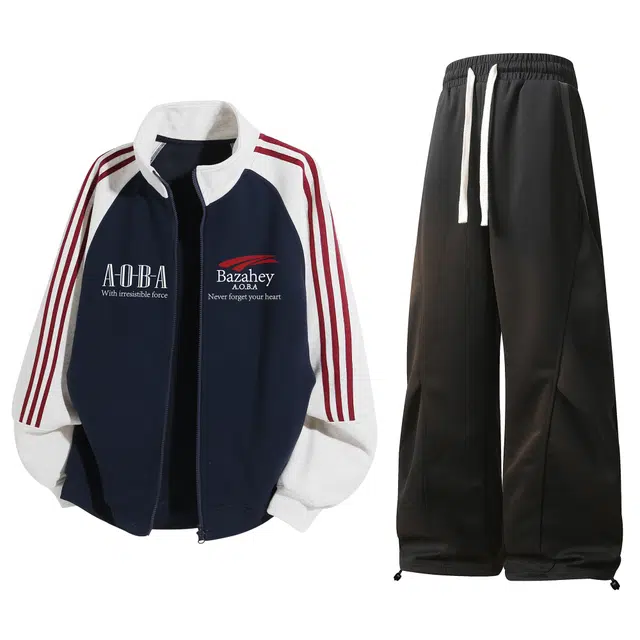 吾皇猫 美式复古三条杠潮流春秋基础款舒适透气简约百搭时尚拼色学院风潮牌长袖开衫卫衣外套长裤秋季休闲运动套装 男女同款