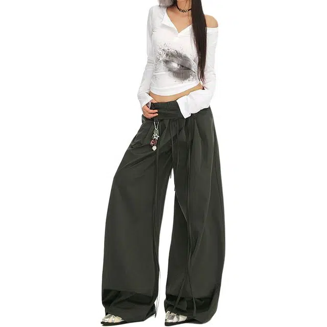 如续 美式复古小众设计感街头宽松阔腿显瘦直筒气球裤垂坠感百搭拖地休闲裤 女款