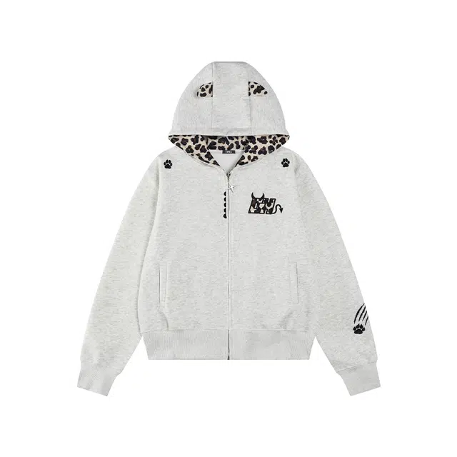 花蔓色 美式复古小恶魔豹纹贴布刺绣猫耳连帽拉链秋冬宽松百搭运动休闲外套卫衣 女款