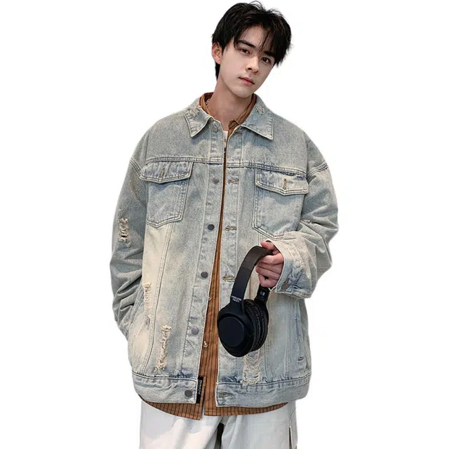 美式水洗做旧高街复古设计感情侣夹克牛仔外套 男女同款