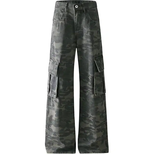 极限涡轮 美式复古高街小众痞帅无性别主义穿搭亲肤柔软时尚迷彩微辣裤低腰辣妹宽松休闲百搭设计高级显示不贴腿拖地喇叭裤牛仔裤 男女同款