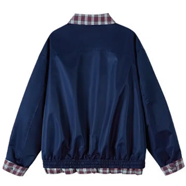 欧路得 欧路得 美式格纹撞色假两件秋季设计感翻领外套宽松百搭工装上衣夹克 男款